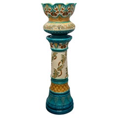 Antique Art Nouveau Burmantofts Faience Majolica Pottery Stand & Jardiniere 1895