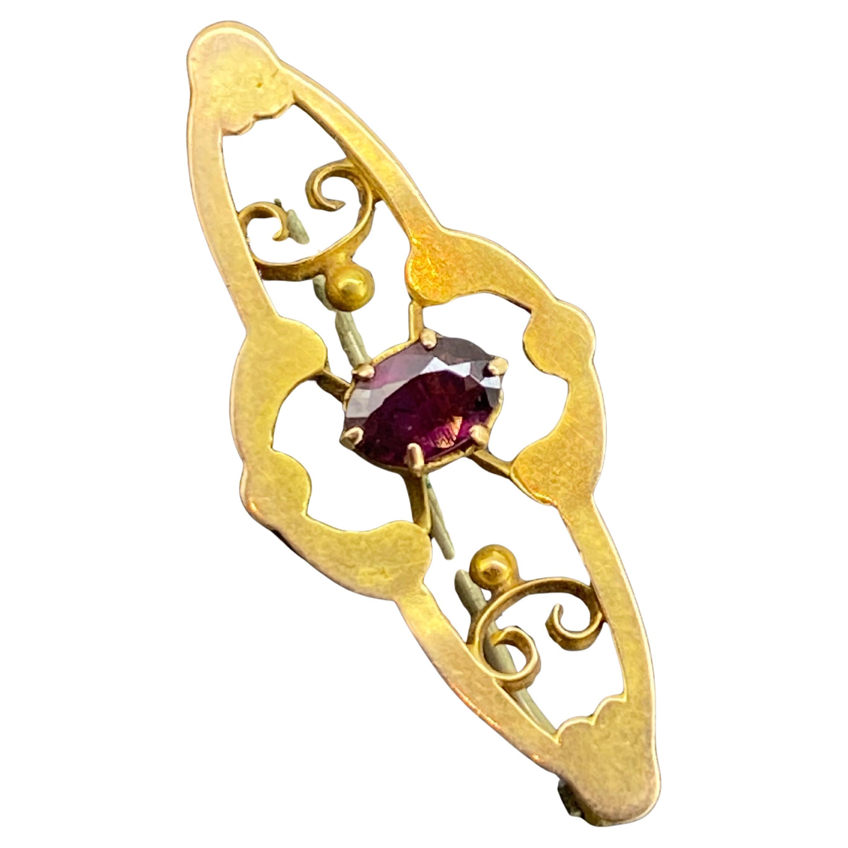 Antike Art-Nouveau c1900
s 15K Gold 
Oval Granat 34mm Brosche. im Angebot
