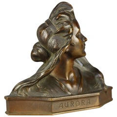 Antique Art Nouveau Cabinet Bronze Portrait Bust of Woman, Aurora, circa 1920