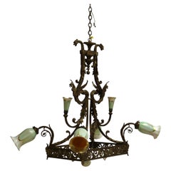 Antique Art Nouveau Caldwell & Quezal Art Glass Figural Bronze Chandelier C1900