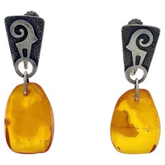Antique Art Nouveau Capricorn Screw-on Dangle Earrings Amber Silver