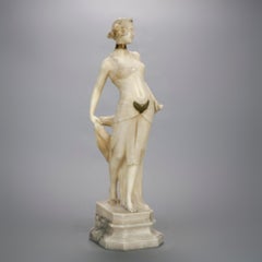Antique Art Nouveau Carved Alabaster Sculpture Statue of a Flapper Woman, 20th C