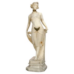 Antique Art Nouveau Carved Alabaster Sculpture Statue of a Flapper Woman, 20th C