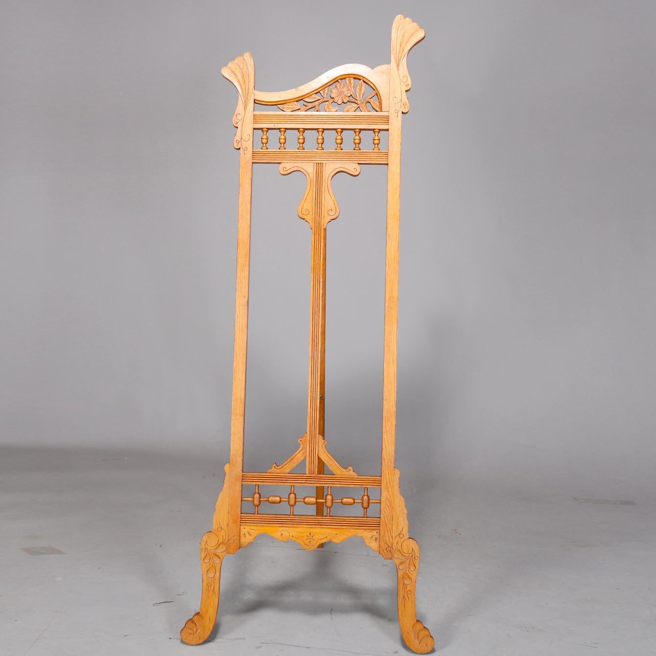 20th Century Antique Art Nouveau Carved Oak Floral, Stick and Ball Display Easel, circa 1900