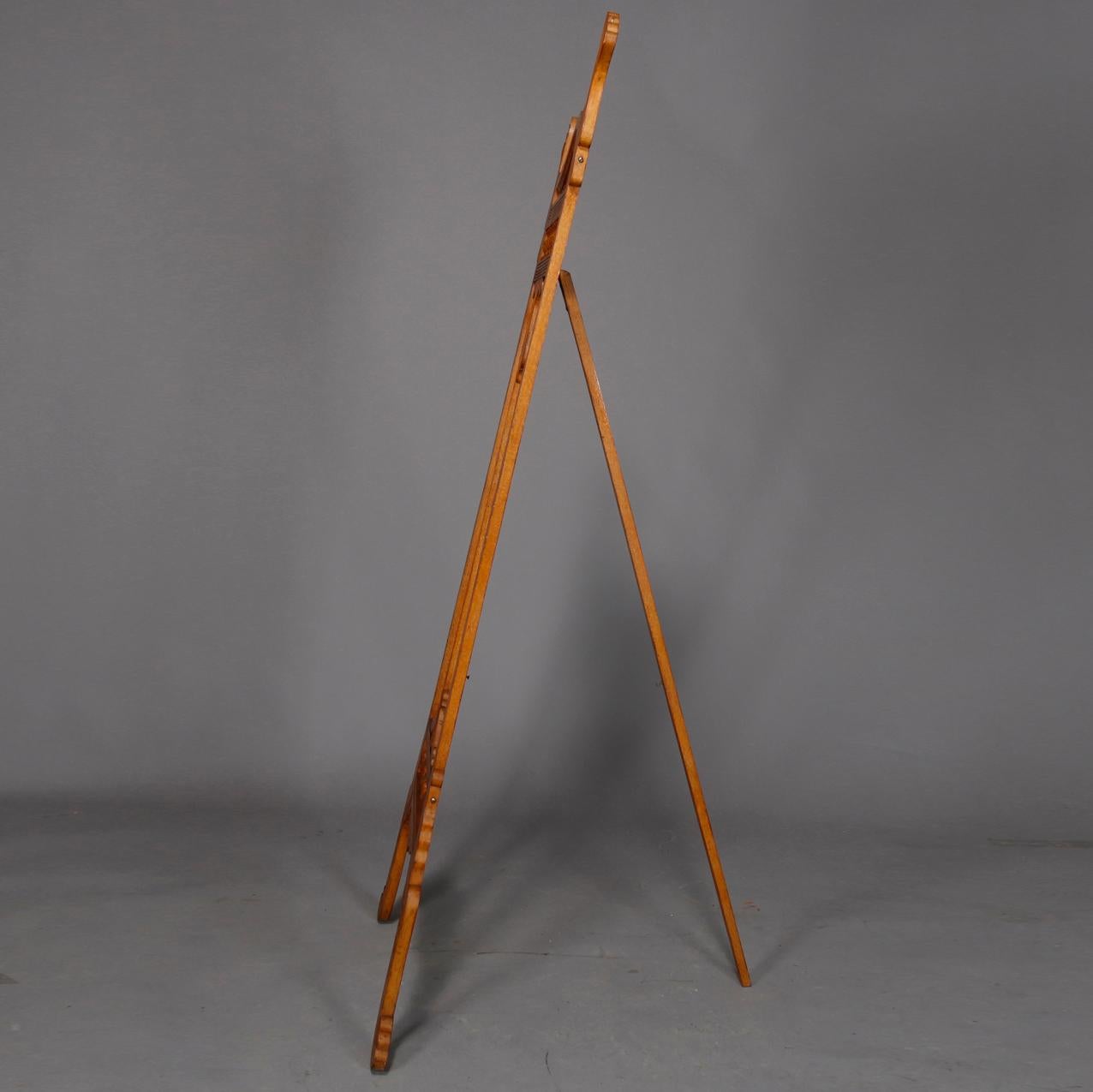 Wood Antique Art Nouveau Carved Oak Floral, Stick and Ball Display Easel, circa 1900