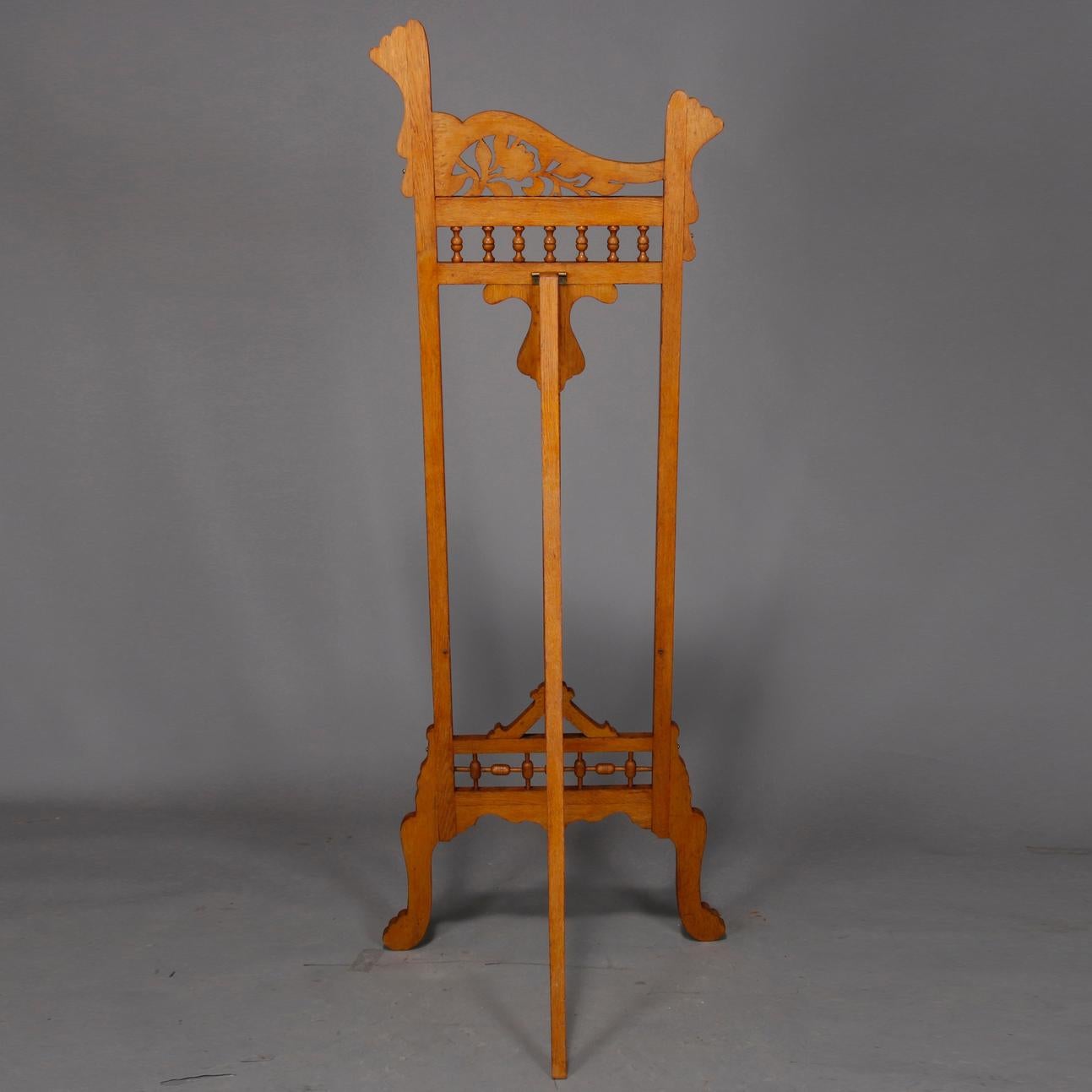 Antique Art Nouveau Carved Oak Floral, Stick and Ball Display Easel, circa 1900 1
