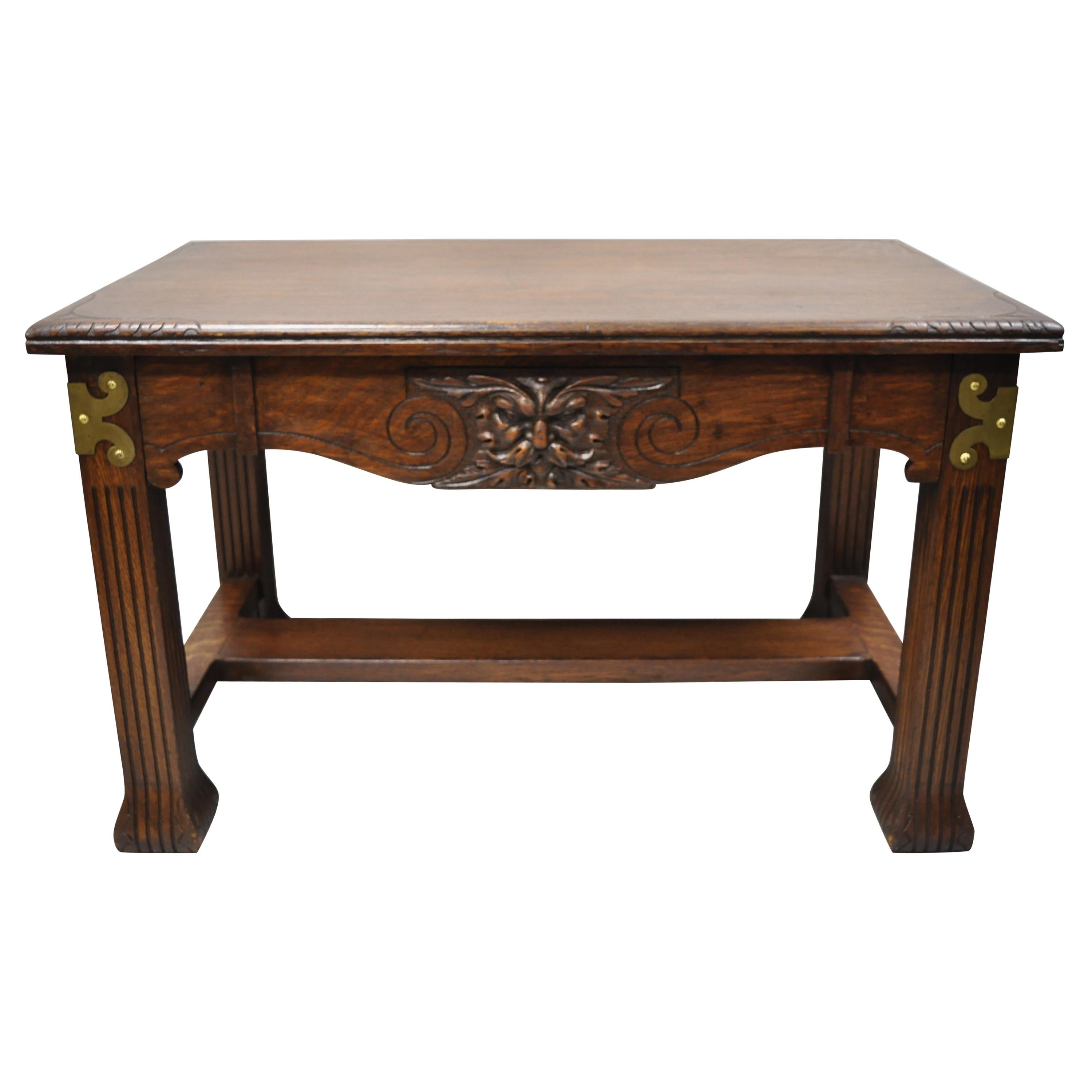 Antique Art Nouveau Carved Oak Northwind Face Desk Library Table with One Drawer For Sale