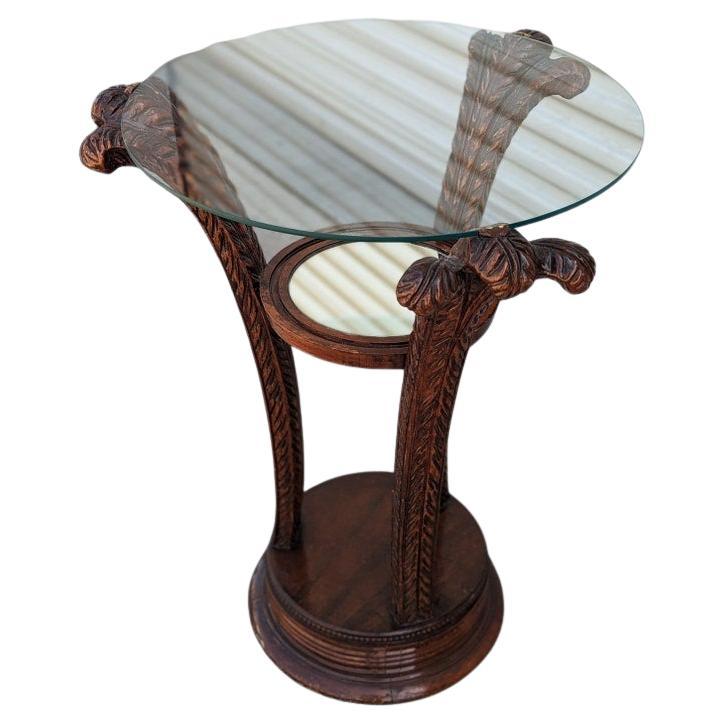 Antique Art Nouveau Carved Wood and Glass Side Table, Ornate Accent Piece