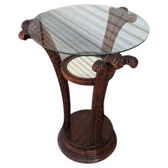Antique Art Nouveau Carved Wood and Glass Side Table, Ornate Accent Piece