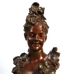 Antique Art Nouveau Cast Bronze Bust of Woman Signed By V. Bruyneel C1890