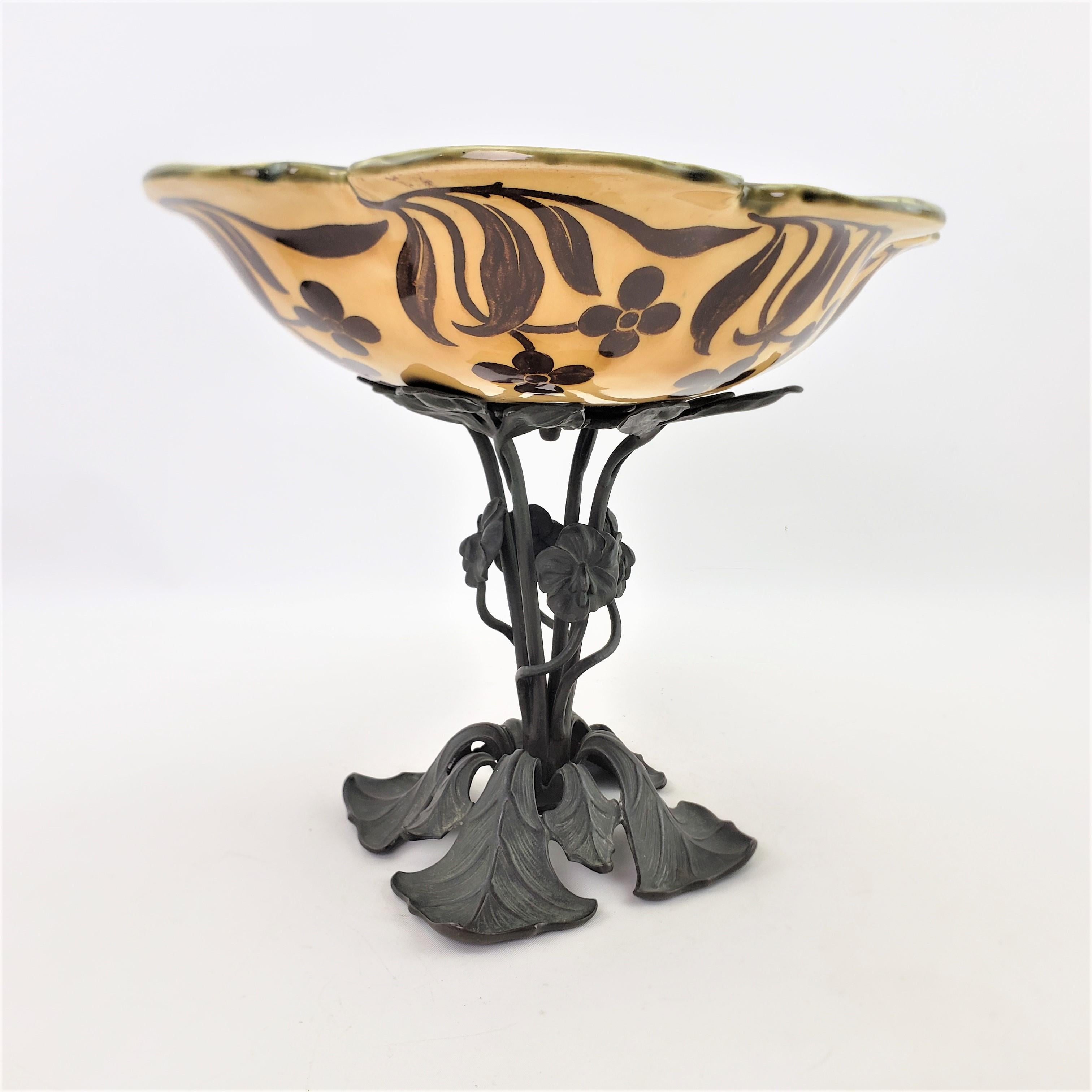 Austrian Antique Art Nouveau Cast Bronze & Ceramic Pedestal Bowl, Tazza or Centerpiece For Sale