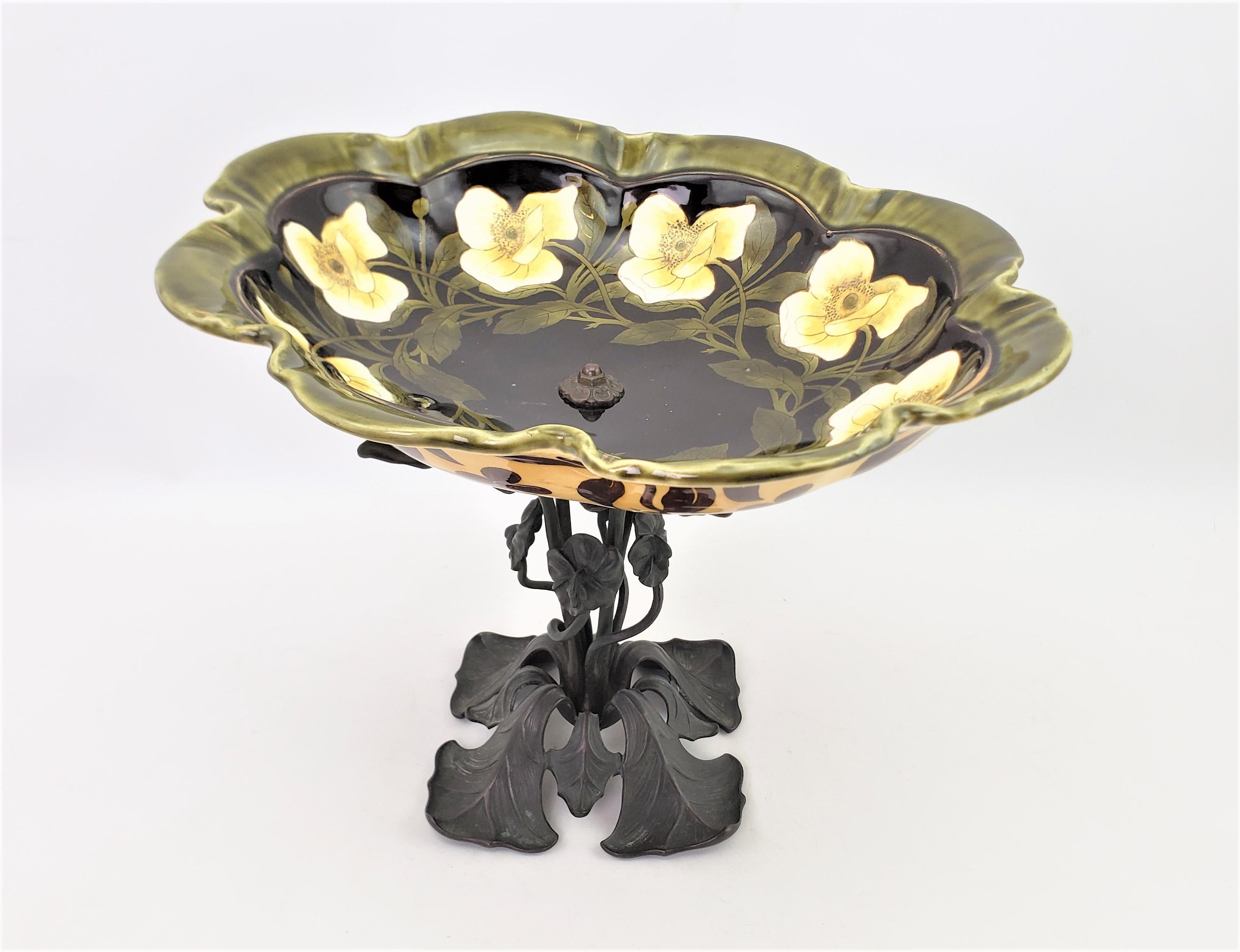 Hand-Painted Antique Art Nouveau Cast Bronze & Ceramic Pedestal Bowl, Tazza or Centerpiece For Sale