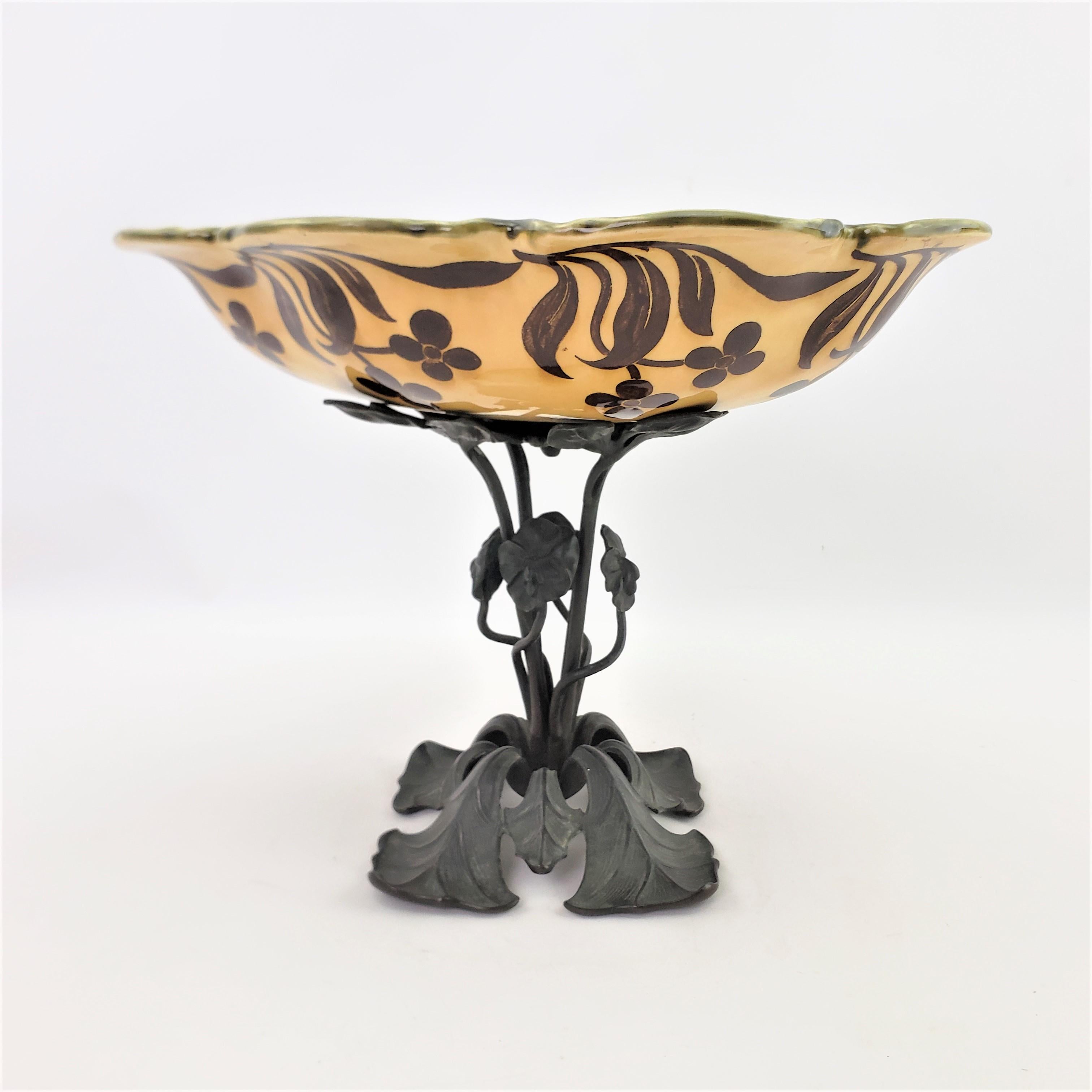 20th Century Antique Art Nouveau Cast Bronze & Ceramic Pedestal Bowl, Tazza or Centerpiece For Sale