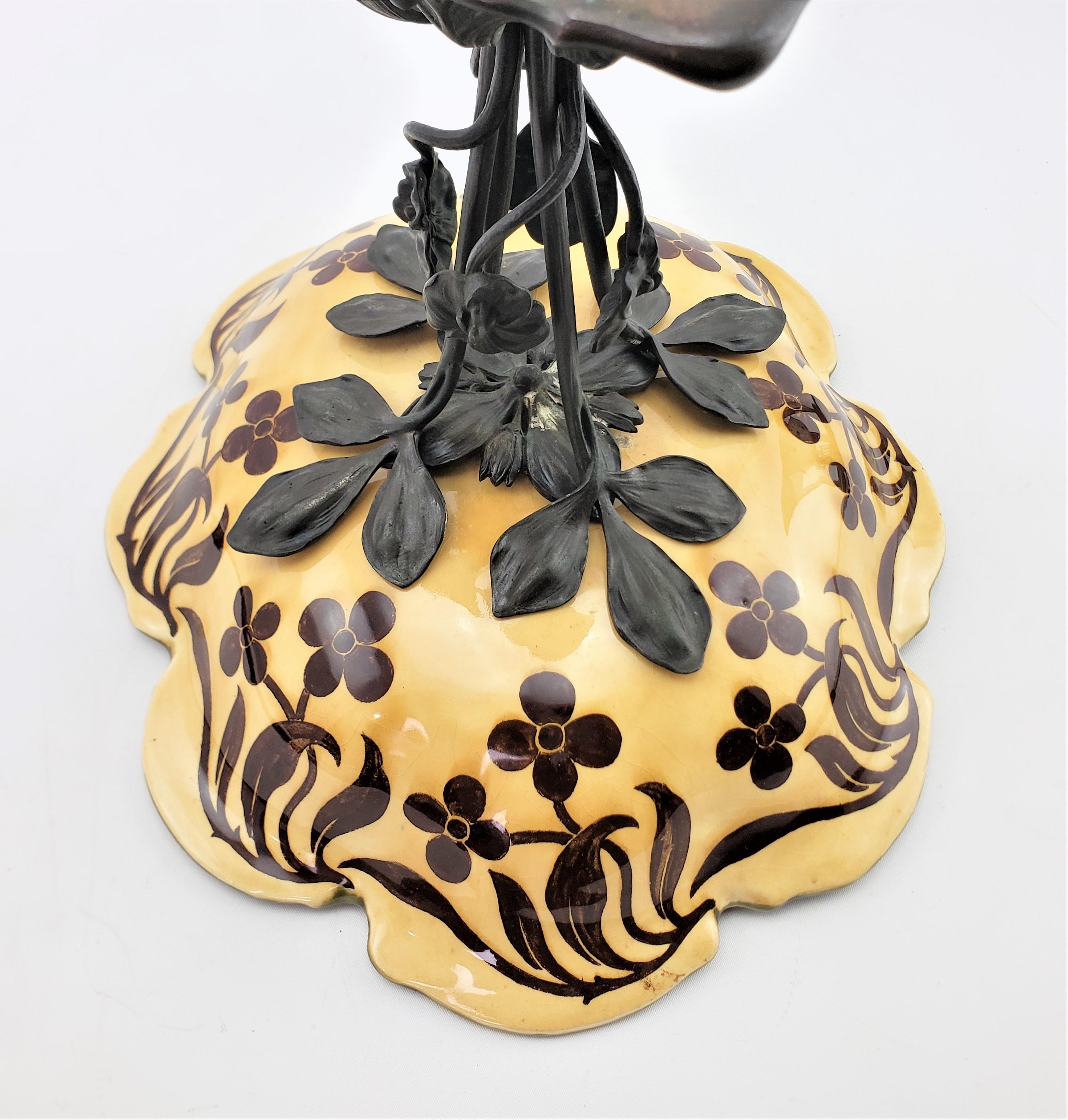 Antique Art Nouveau Cast Bronze & Ceramic Pedestal Bowl, Tazza or Centerpiece For Sale 1