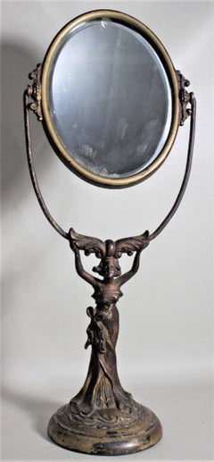 Antique Art Nouveau Metal Pedestal Figural Ladies Dresser or Vanity Mirror