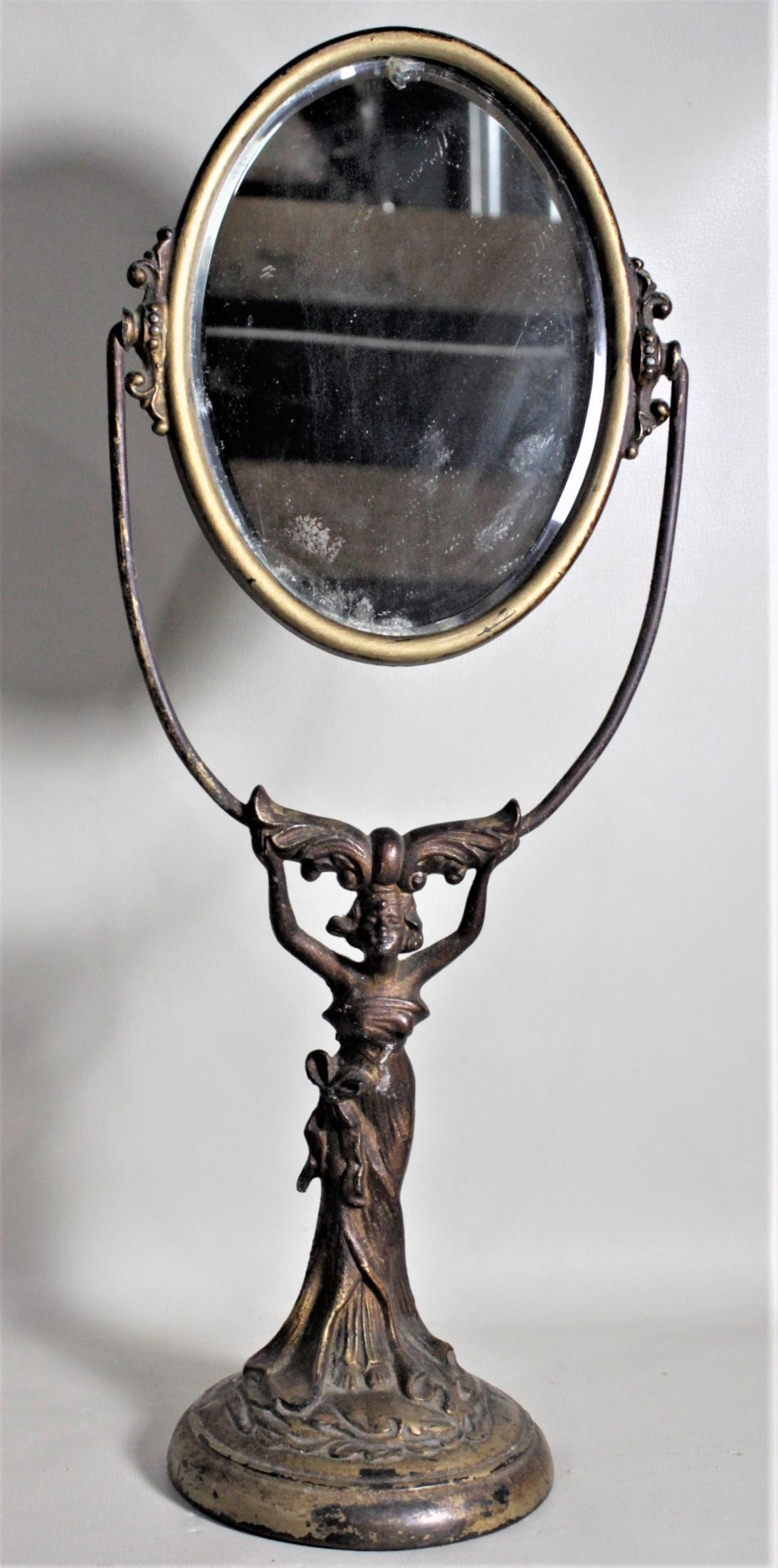 Antique Art Nouveau Cast Figural Metal Pedestal Ladies Dresser or Vanity Mirror In Good Condition For Sale In Hamilton, Ontario