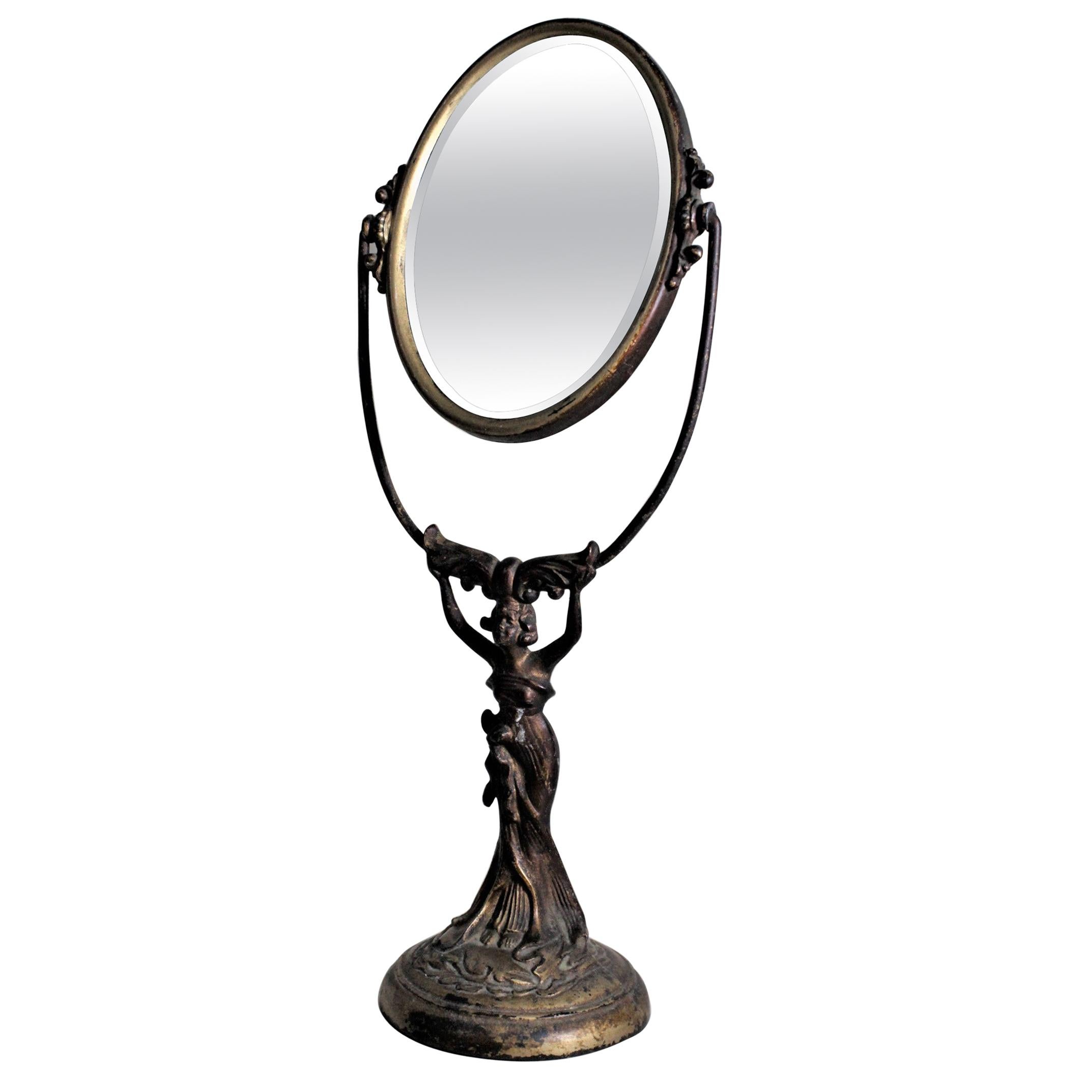 Antique Art Nouveau Cast Figural Metal Pedestal Ladies Dresser or Vanity Mirror For Sale