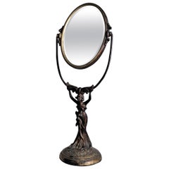 Antique Art Nouveau Cast Figural Metal Pedestal Ladies Dresser or Vanity Mirror