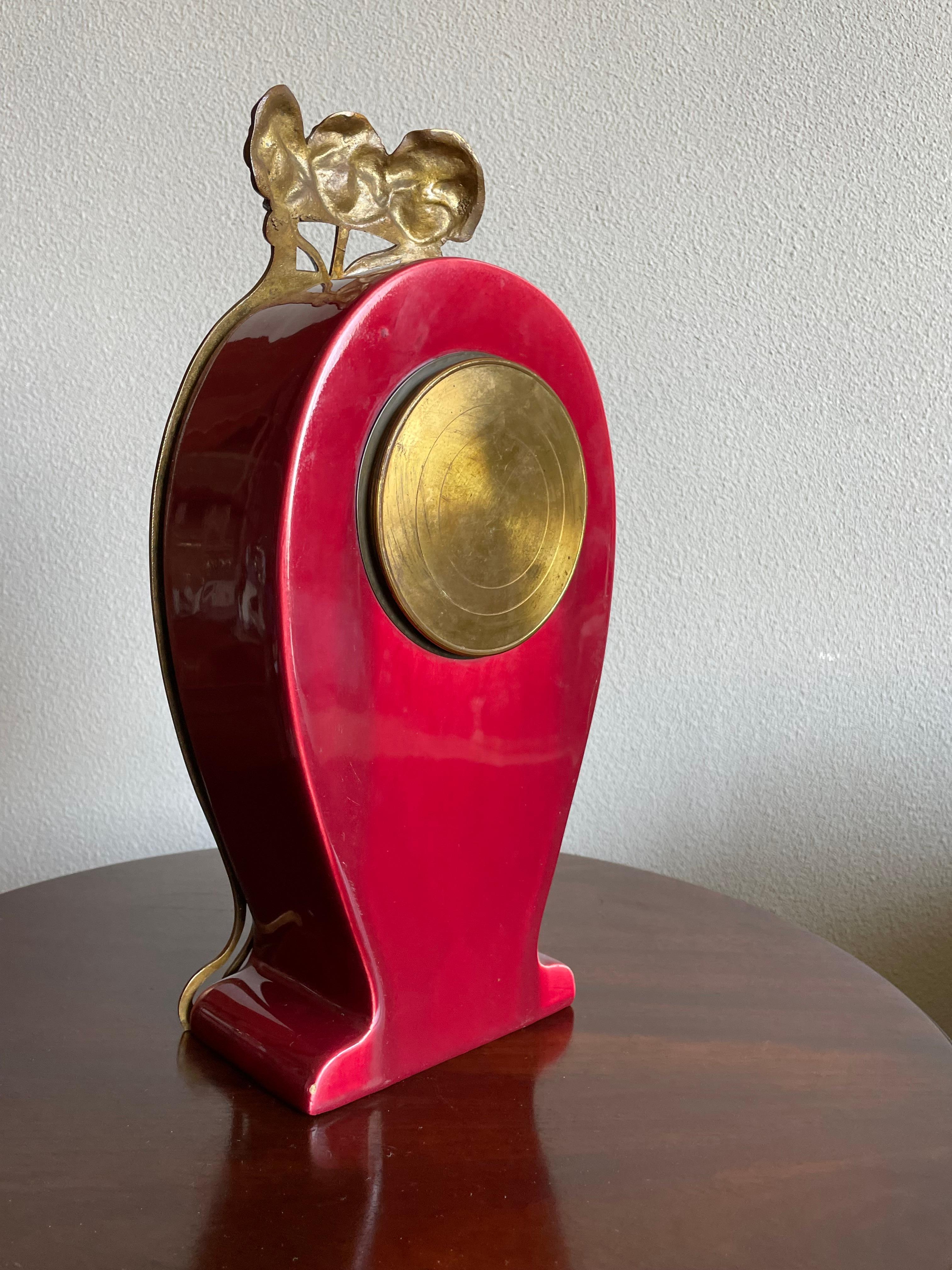 20th Century Antique Art Nouveau Ceramic Table or Mantel Clock with Bronze Flower Sculptures
