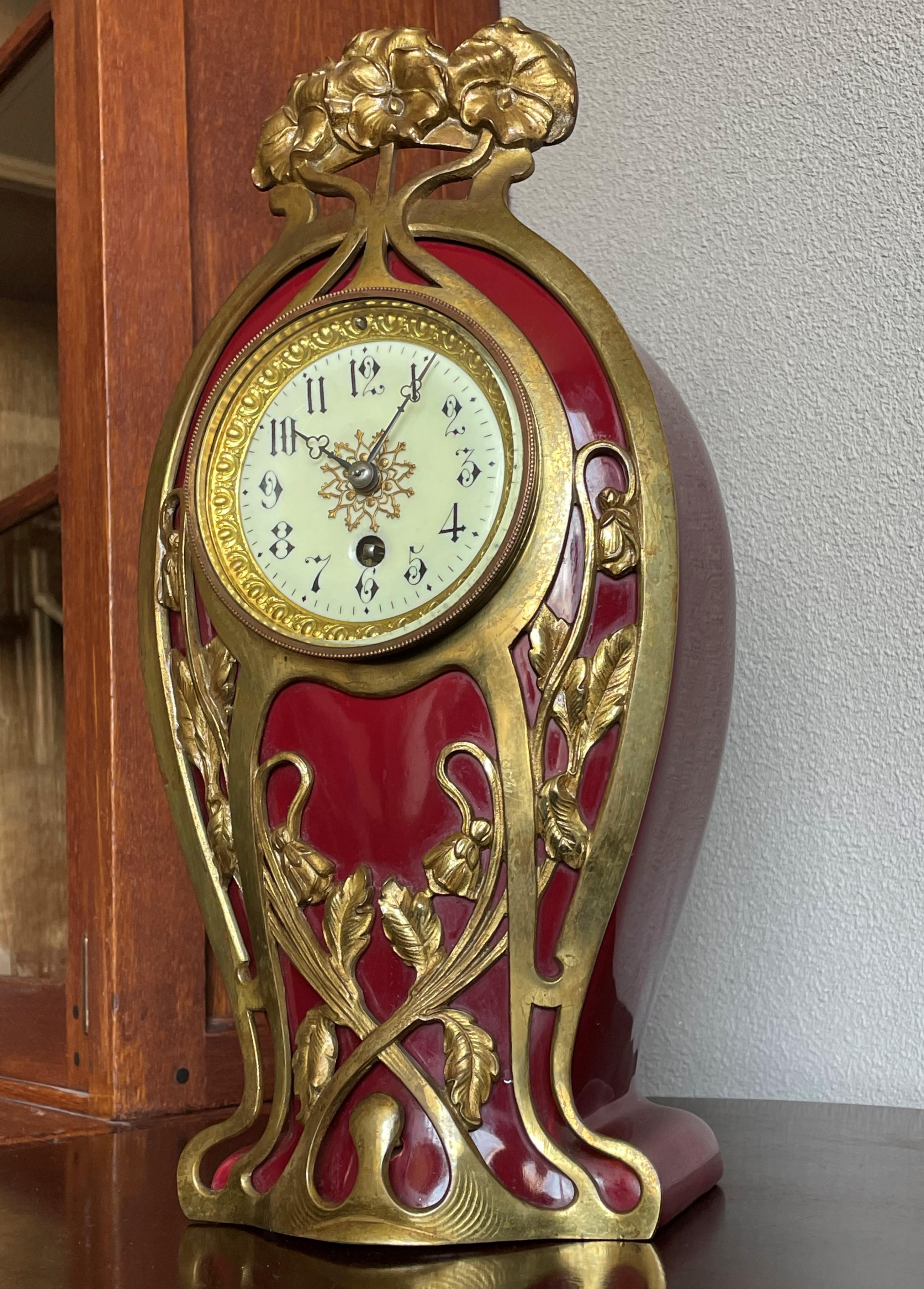 Antique Art Nouveau Ceramic Table or Mantel Clock with Bronze Flower Sculptures For Sale 6