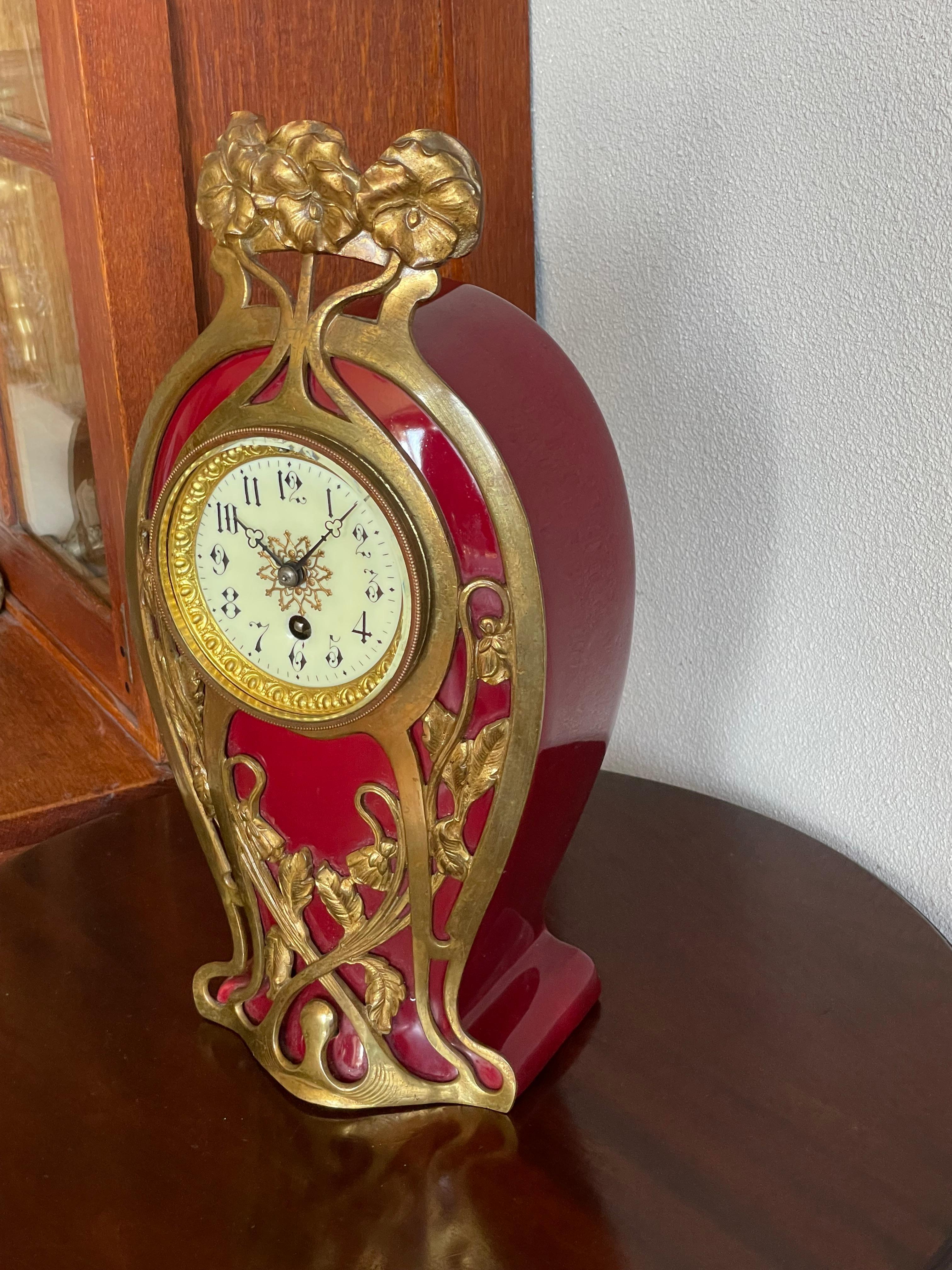 Antique Art Nouveau Ceramic Table or Mantel Clock with Bronze Flower Sculptures For Sale 7