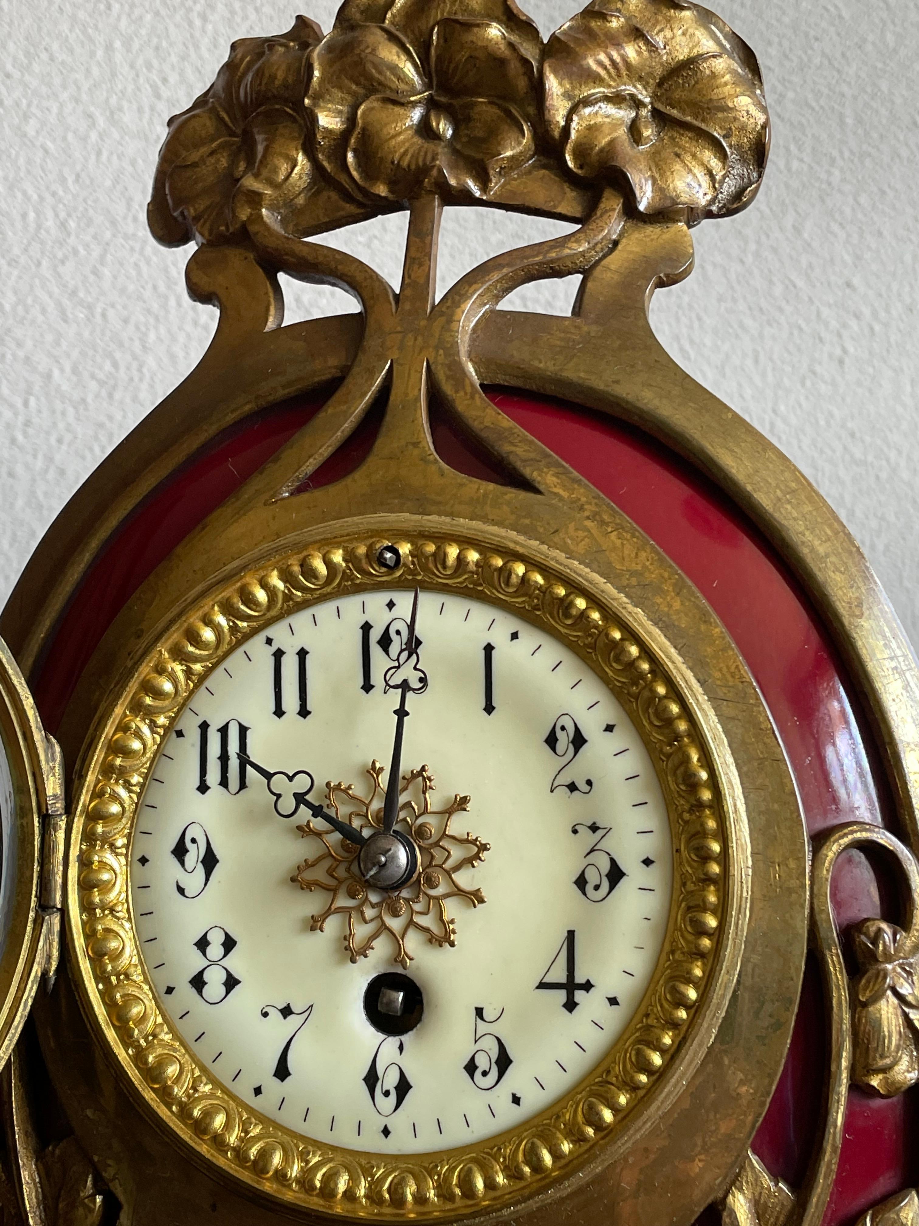 20th Century Antique Art Nouveau Ceramic Table or Mantel Clock with Bronze Flower Sculptures For Sale