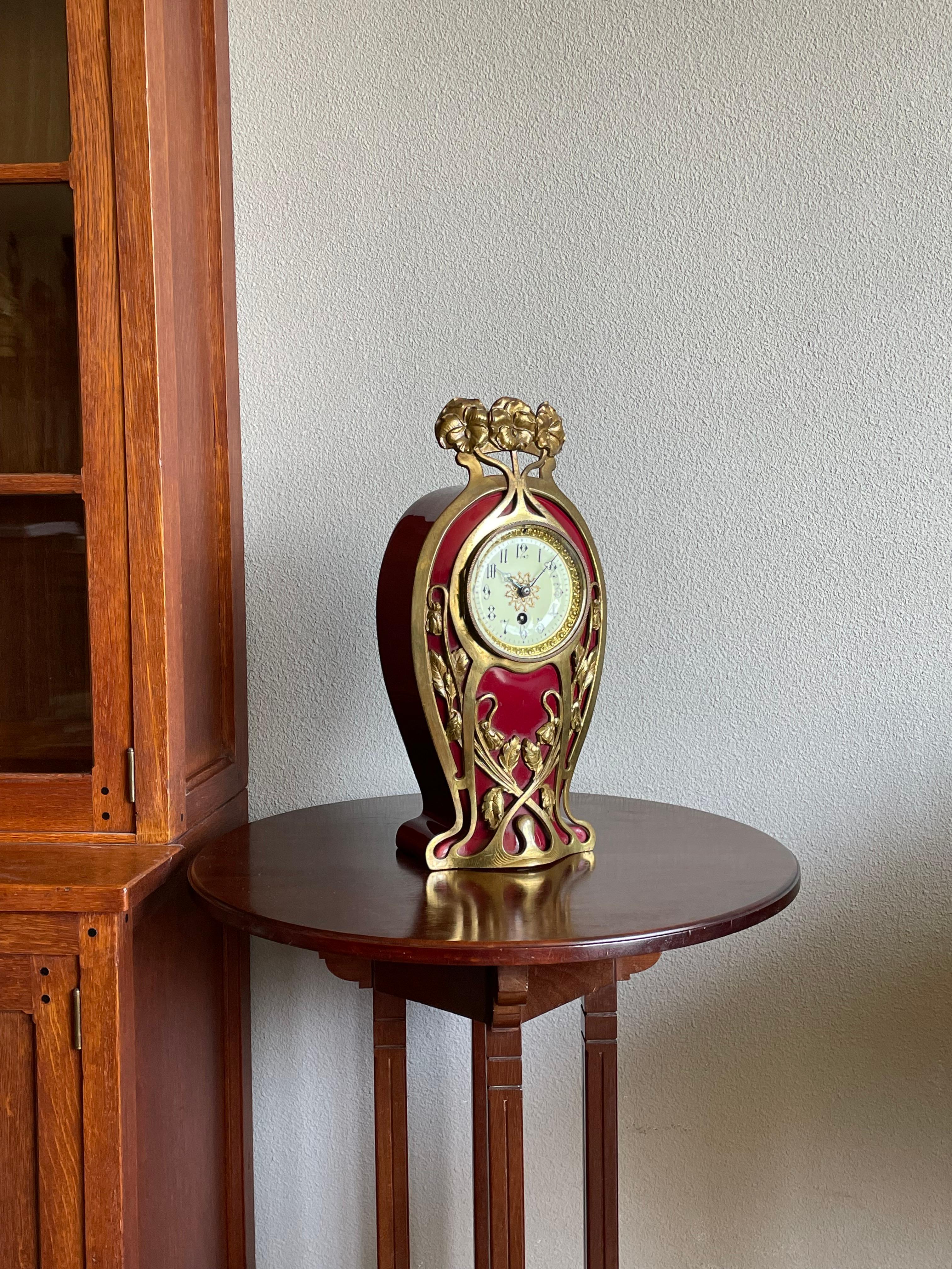Antique Art Nouveau Ceramic Table or Mantel Clock with Bronze Flower Sculptures For Sale 1
