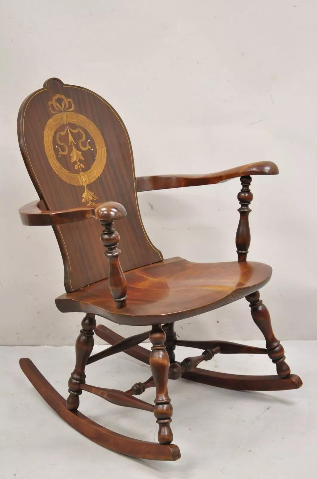 Antique Art Nouveau Cherry Wood Rocking Chair Rocker With Wreath Marquetry Inlay For Sale 7