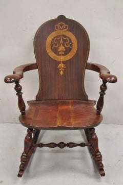 Antique Art Nouveau Cherry Wood Rocking Chair Rocker With Wreath Marquetry Inlay
