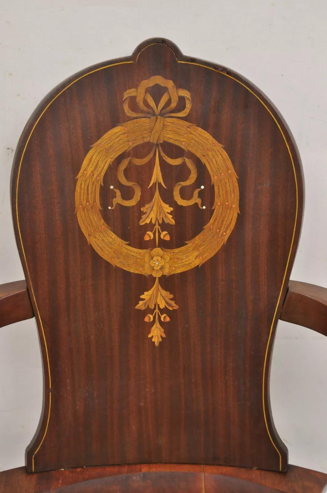 Unknown Antique Art Nouveau Cherry Wood Rocking Chair Rocker With Wreath Marquetry Inlay For Sale
