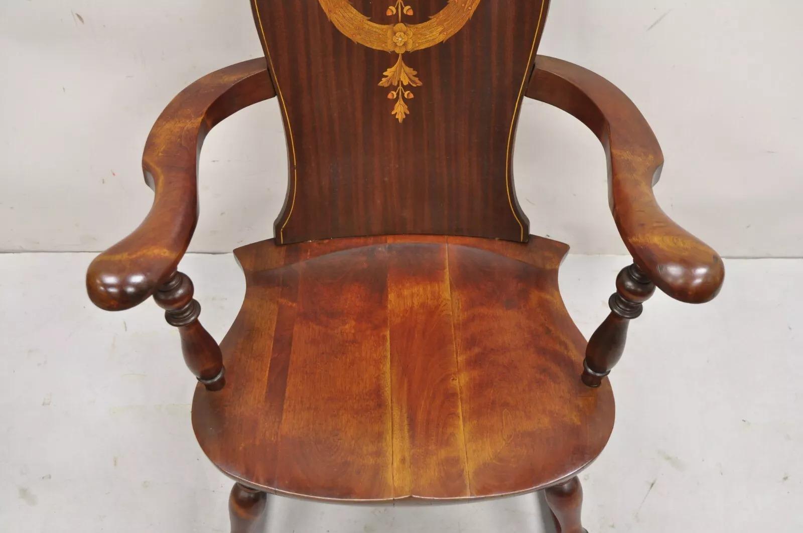 20th Century Antique Art Nouveau Cherry Wood Rocking Chair Rocker With Wreath Marquetry Inlay For Sale