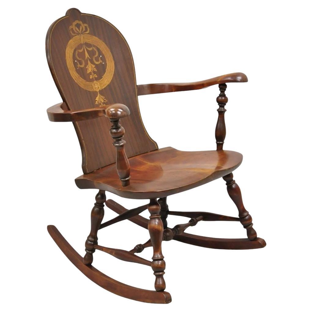 Antique Art Nouveau Cherry Wood Rocking Chair Rocker With Wreath Marquetry Inlay For Sale