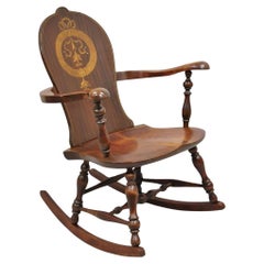 Antique Art Nouveau Cherry Wood Rocking Chair Rocker With Wreath Marquetry Inlay