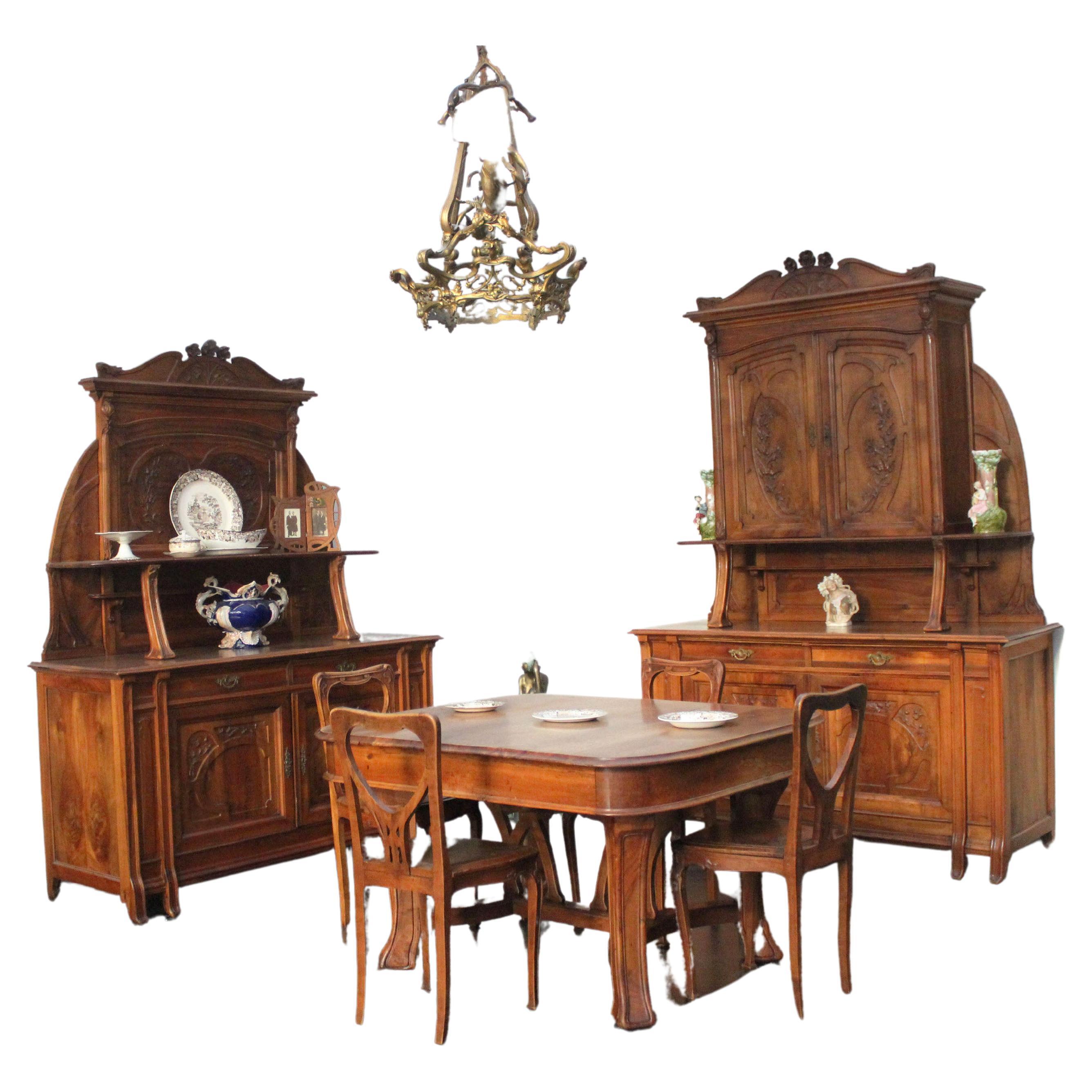 Antique Art Nouveau Cherrywood Dining Room Set from Pierre Mathieu For Sale