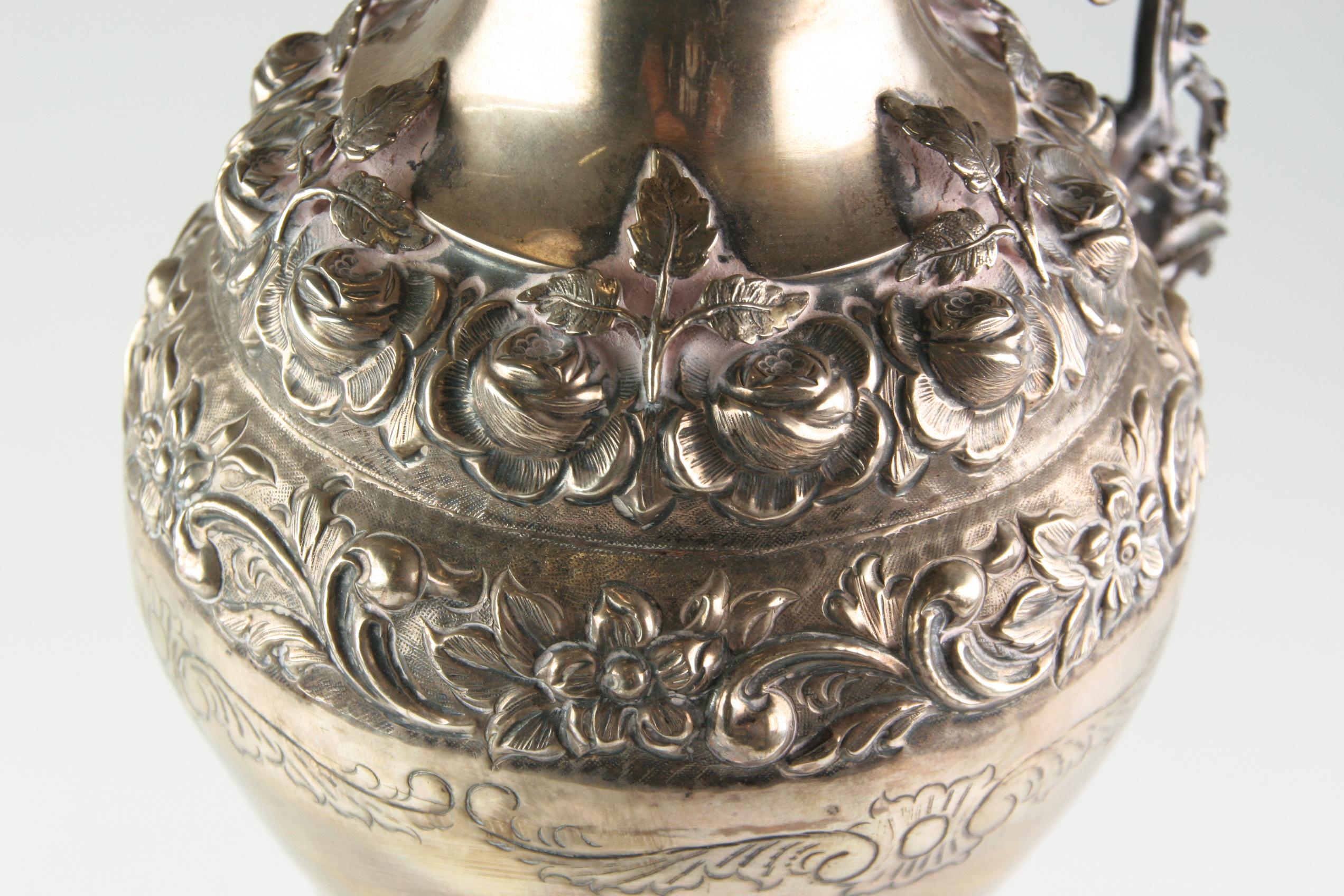 Antique Art Nouveau Cherub Repousse Silver Water Pitcher and Platter In Good Condition For Sale In Sherman Oaks, CA