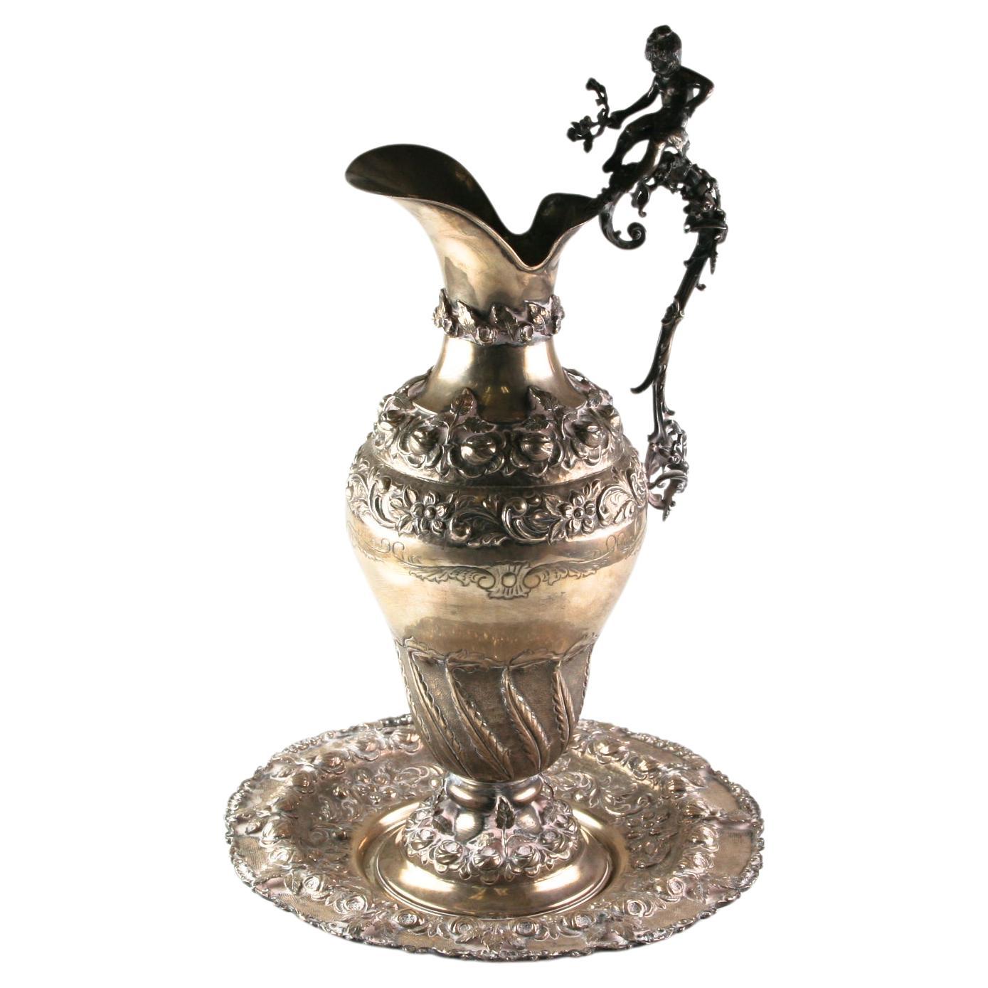 Antique Art Nouveau Cherub Repousse Silver Water Pitcher and Platter For Sale