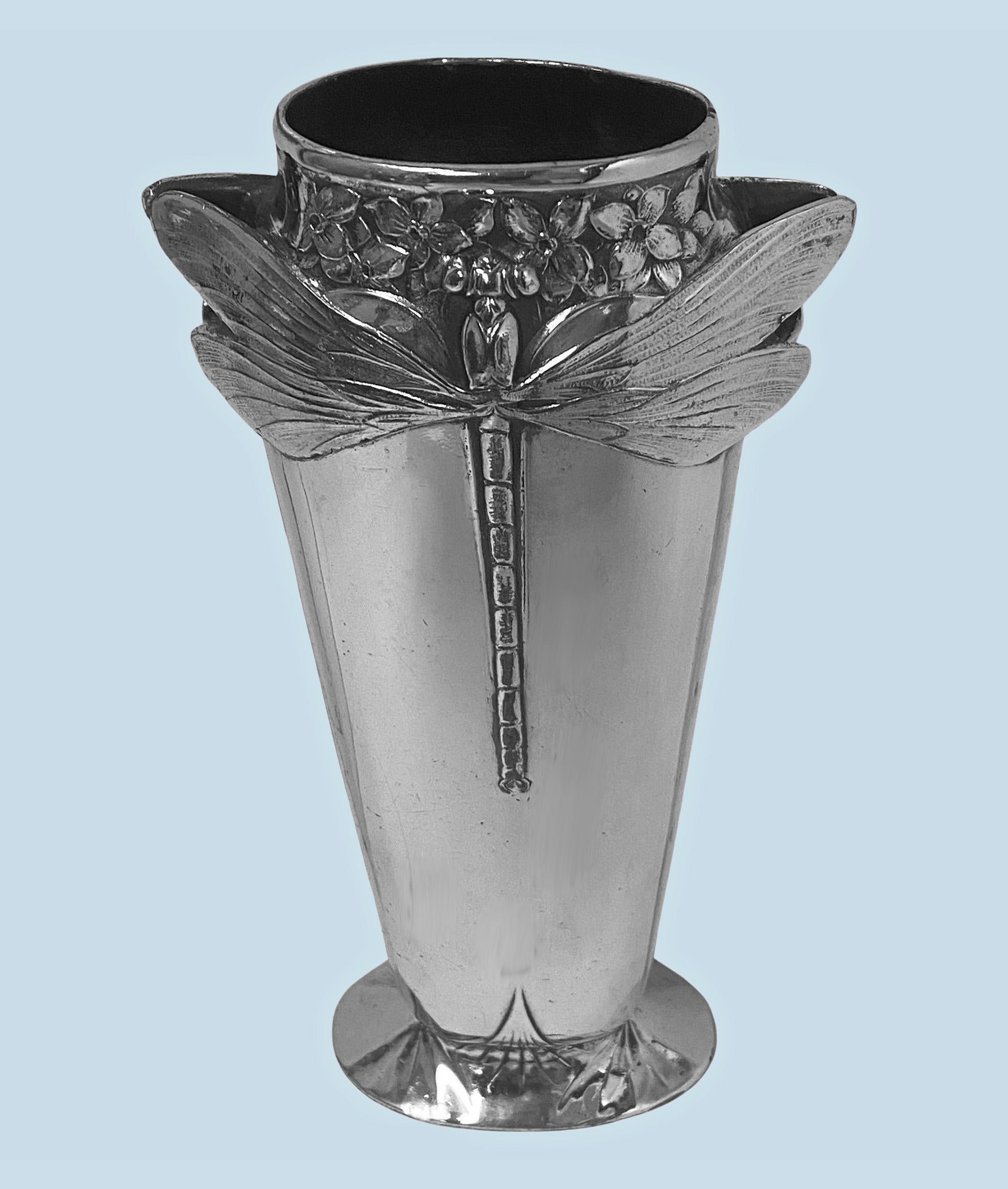 Silver Plate Antique Art Nouveau Christofle Dragonfly Vase, France, C.1900