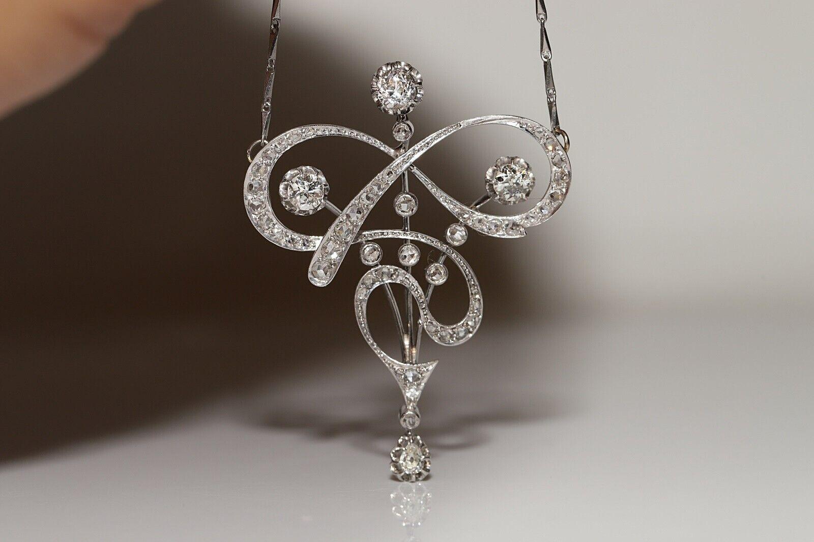 In very good condition.
Total weight 13.8 grams.
Totally 0.75 ct rose cut diamond.
Totally 1.65 ct brilliant cut diamond.
The diamond has vvs-vs-s1 clarity and G-H-I color.
The necklace 25.5 long.
Original Art Nouveau item about 100 years