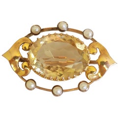 Antique Art Nouveau Citrine Pearl Gold Brooch