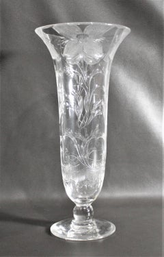 Antique Art Nouveau Clear Cut Crystal Vase with Floral Decoration