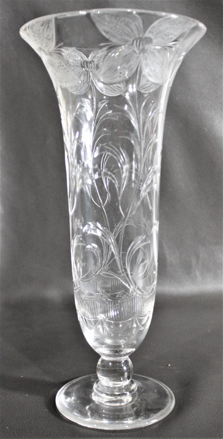 Antique Art Nouveau Clear Cut Crystal Vase with Floral Decoration For