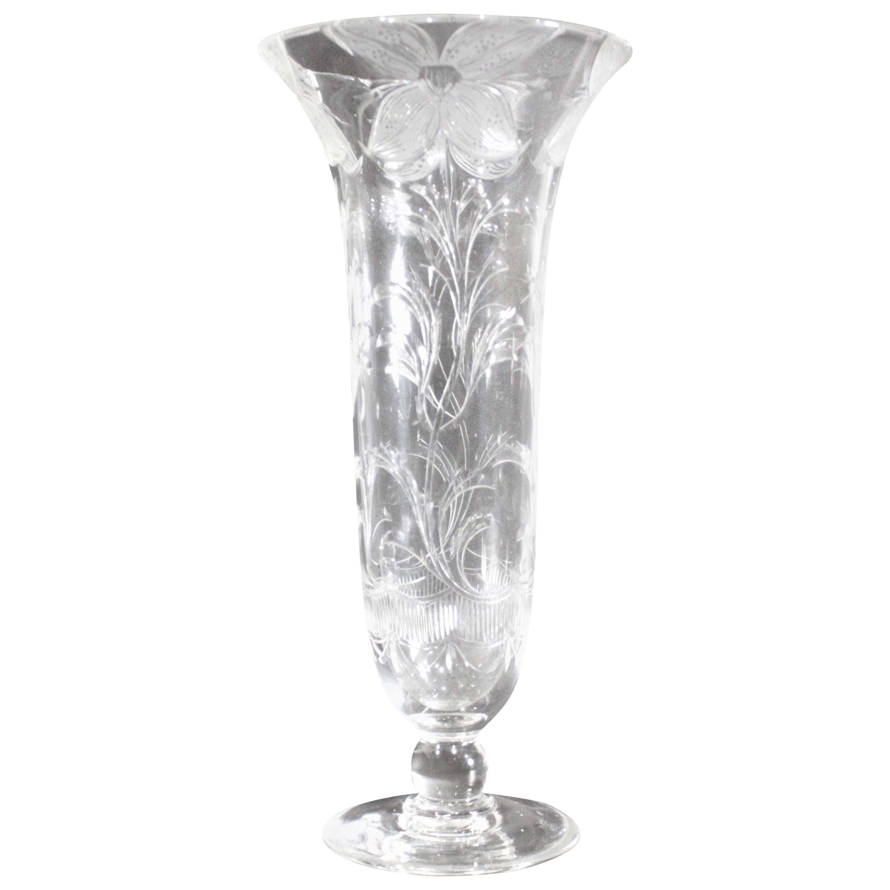 Vase Art nouveau ancien en cristal taillé transparent avec décoration florale