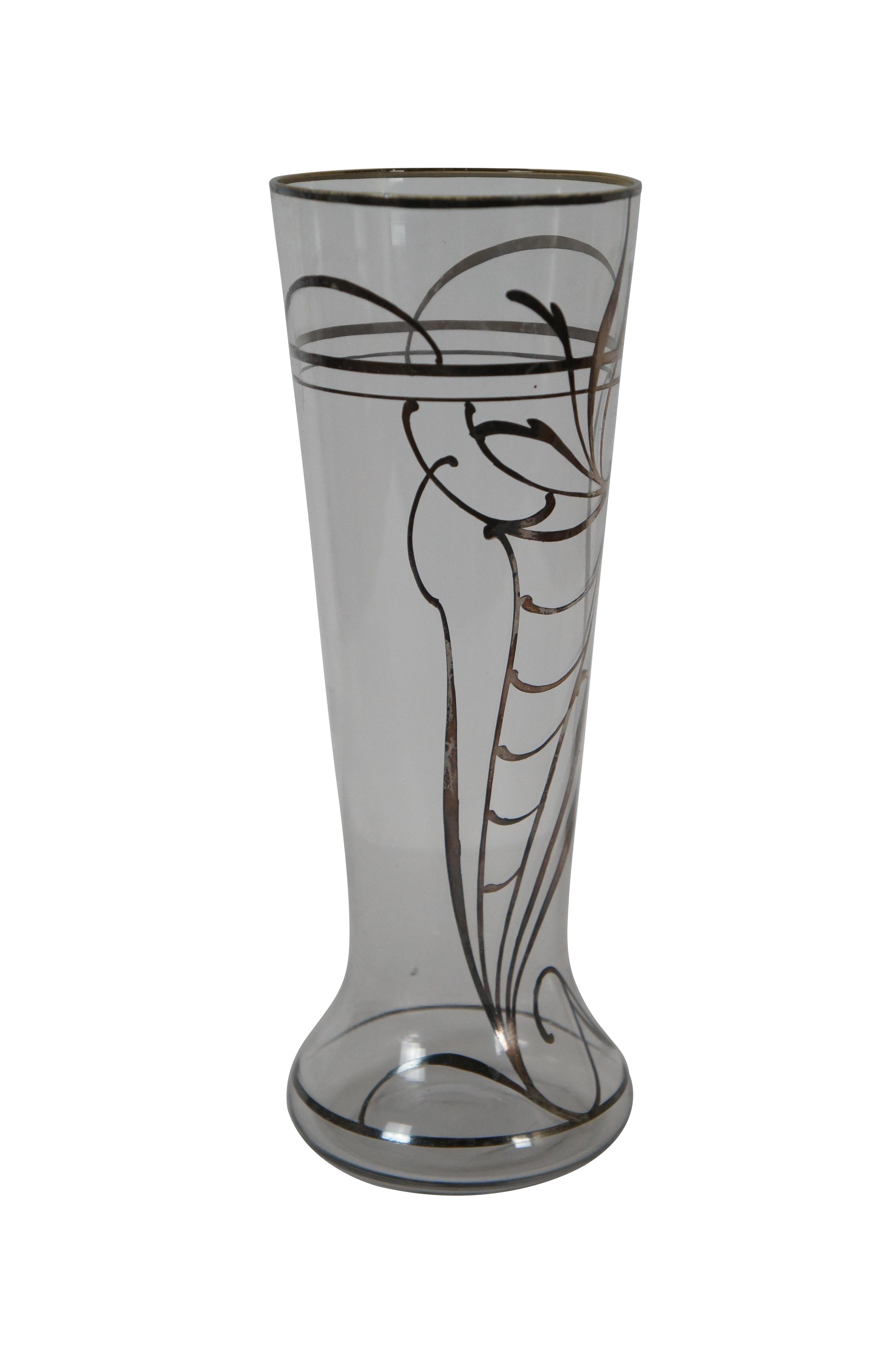 Antique Art Nouveau Clear Glass Sterling Silver Overlay Flared Beer Mug Vase 9