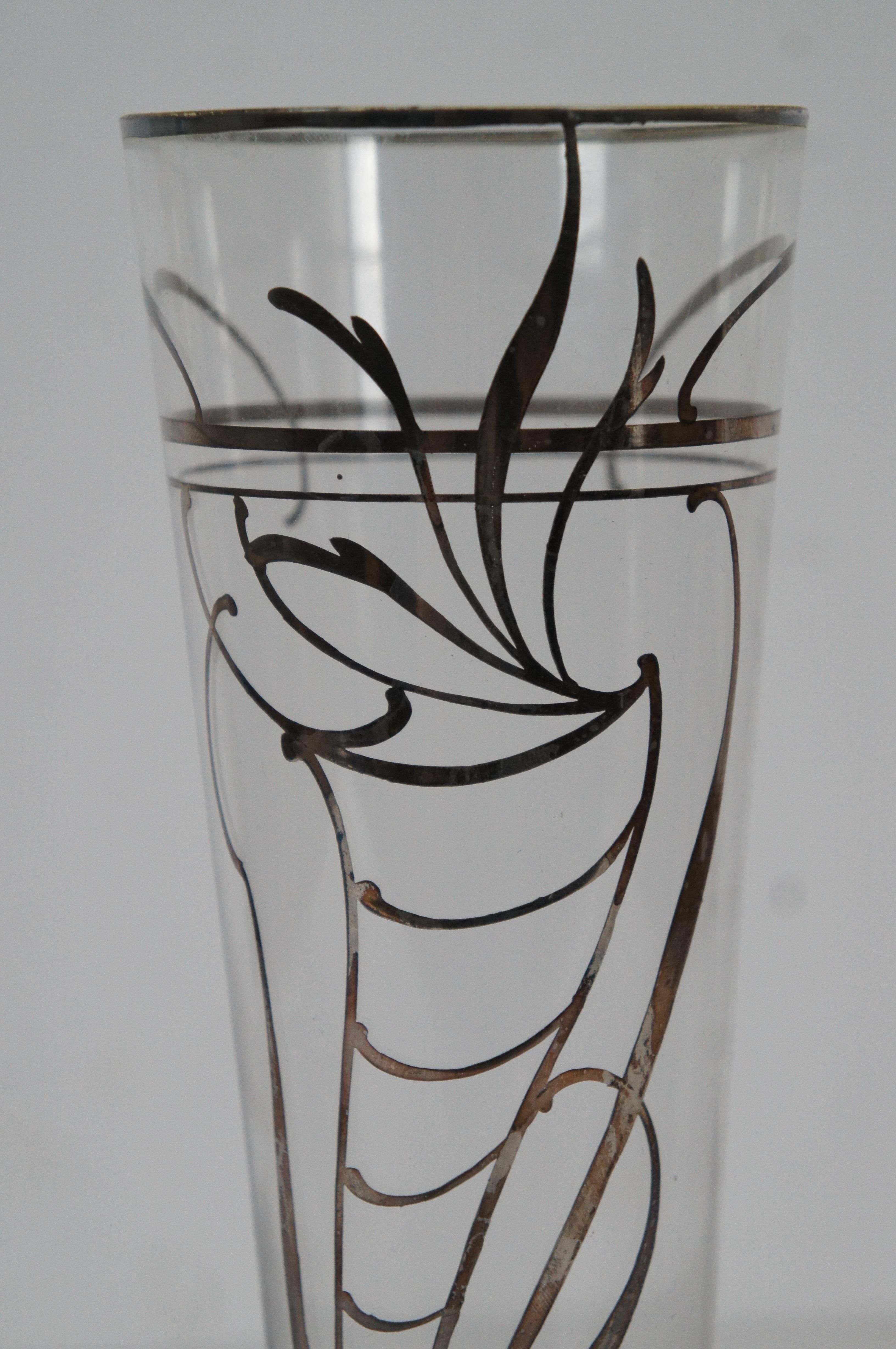 Antique Art Nouveau Clear Glass Sterling Silver Overlay Flared Beer Mug Vase 9