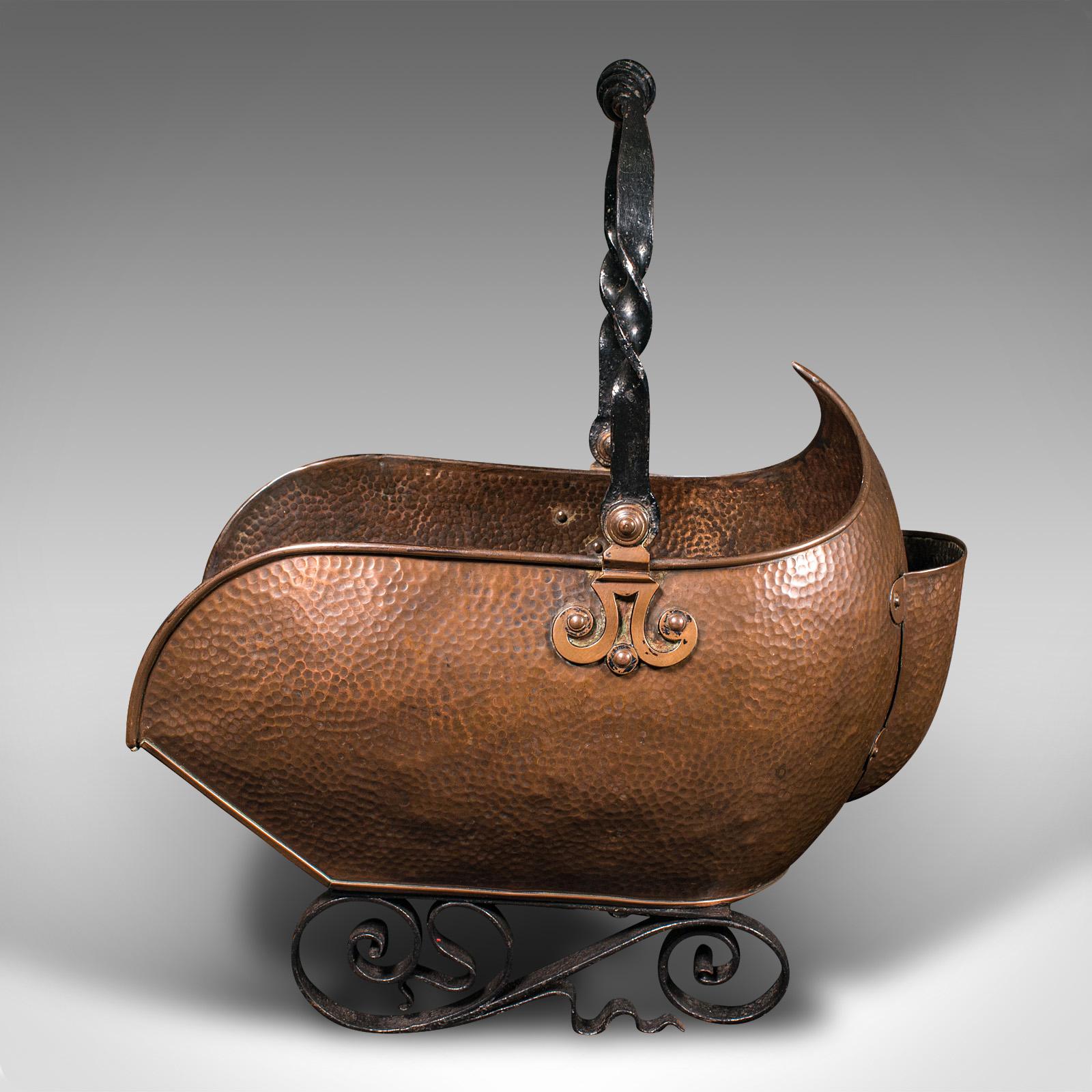 British Antique Art Nouveau Coal Scuttle, English Copper, Fireside Log Bucket, Victorian For Sale