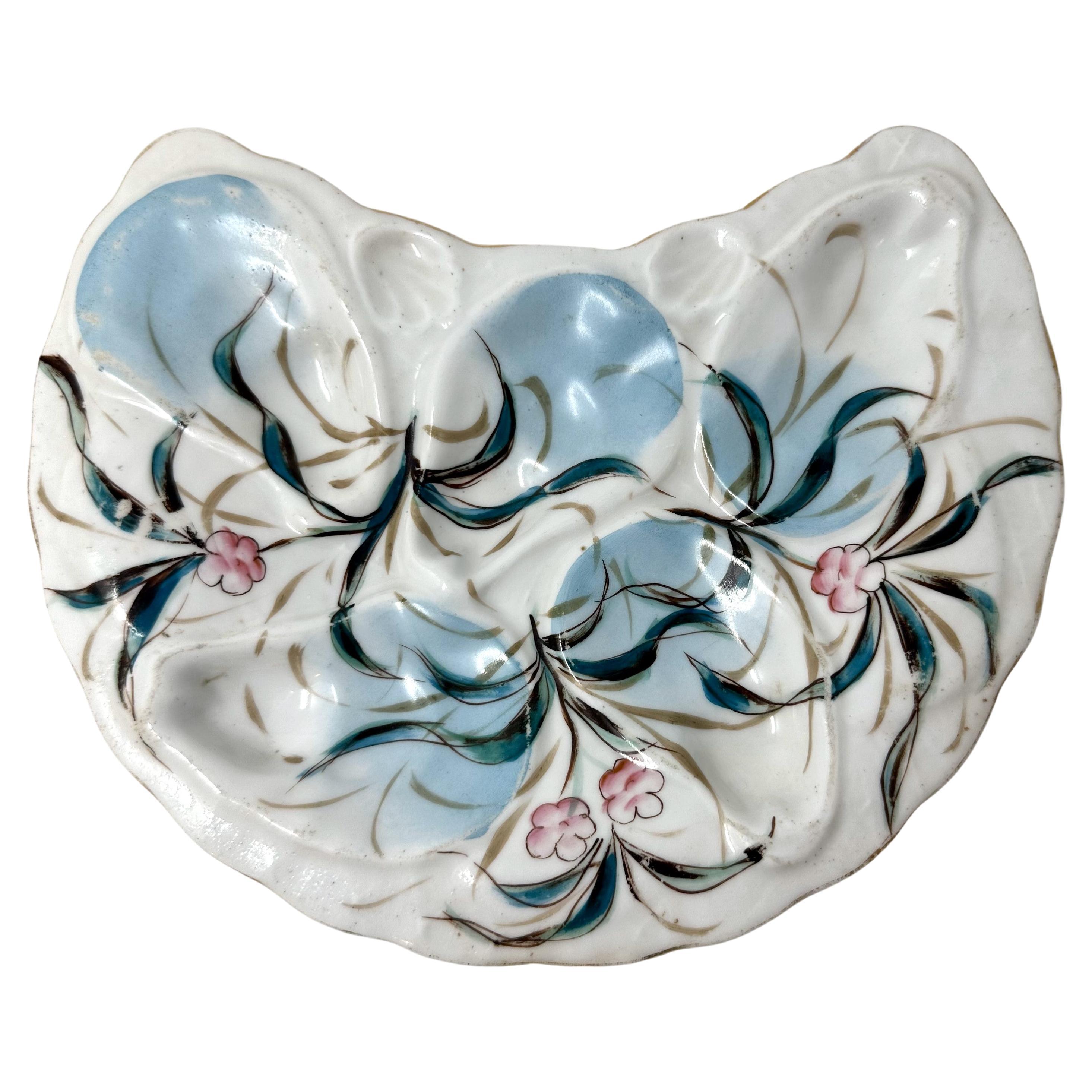Antique Art Nouveau Continental Porcelain Crescent Shaped Oyster Plate, Ca. 1910