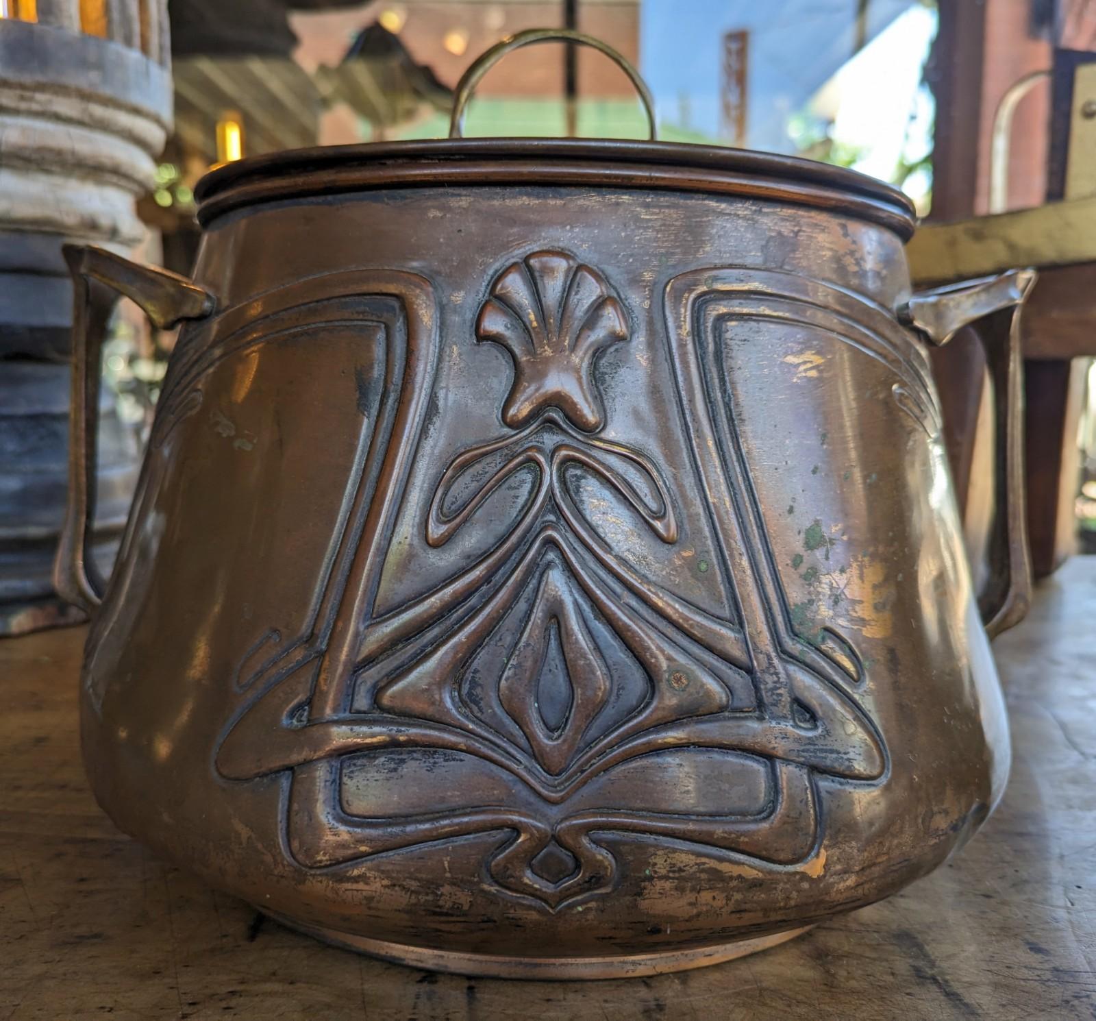 Unknown Antique Art Nouveau Copper Lidded Pot Large Bowl Container Jugendstil For Sale