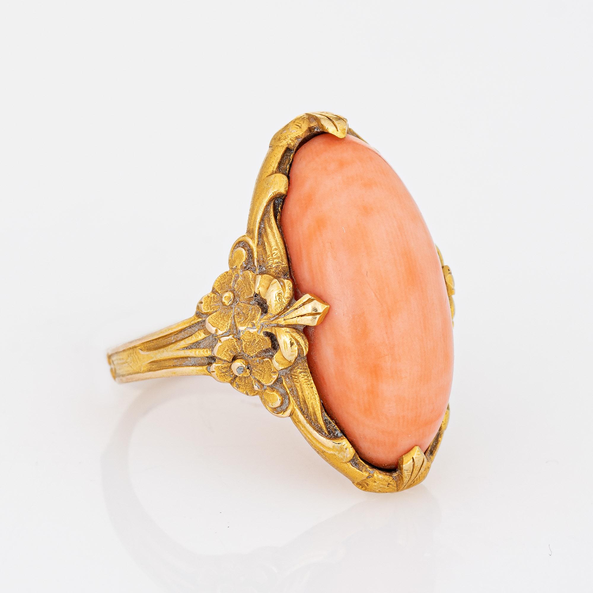 Antiker Jugendstil Koralle Ring Vintage 14k Gelbgold Oval Blumen feiner Schmuck (Art nouveau)