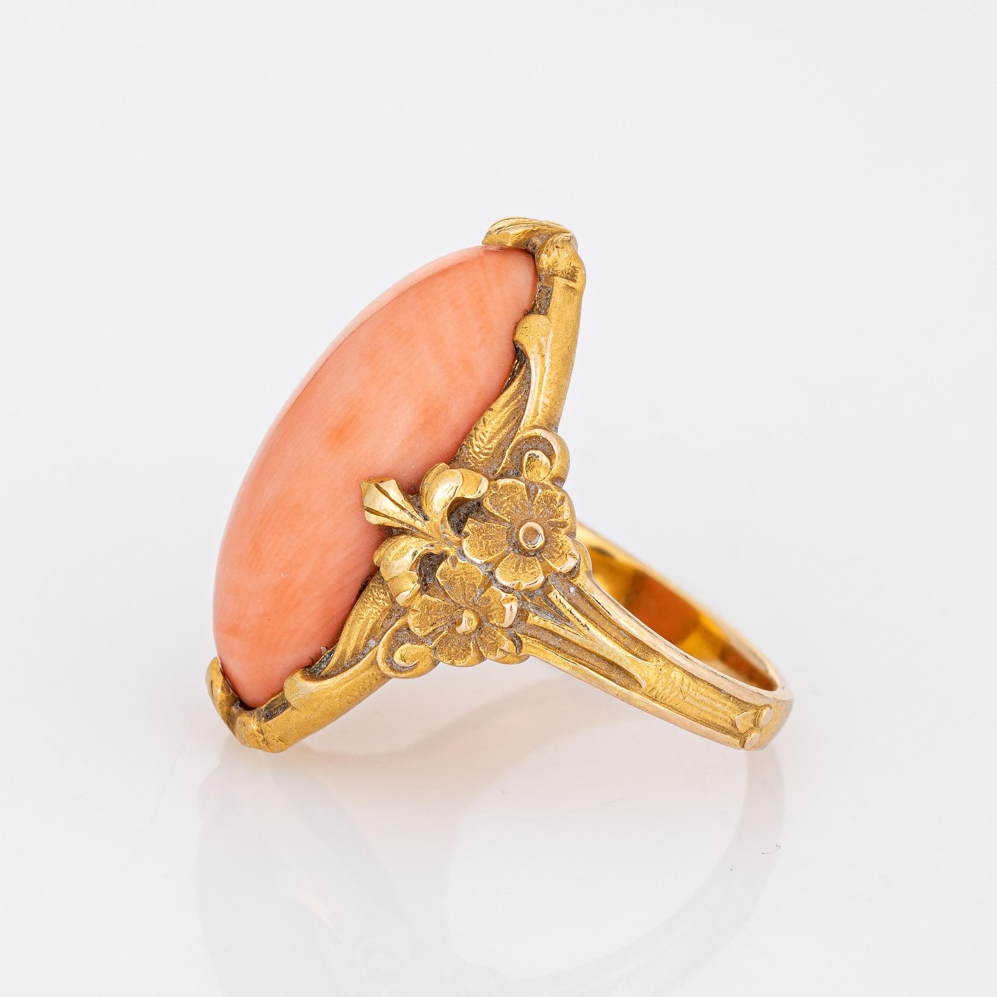 Cabochon Antique Art Nouveau Coral Ring Vintage 14k Yellow Gold Oval Flowers Fine Jewelry