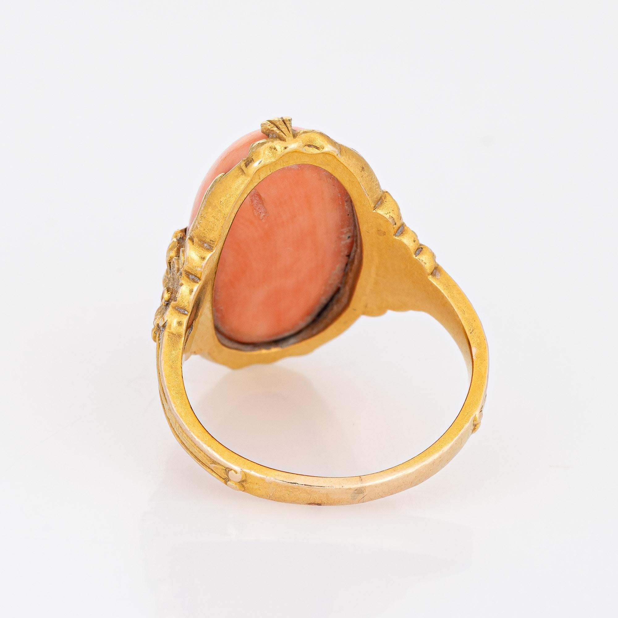 Antique Art Nouveau Coral Ring Vintage 14k Yellow Gold Oval Flowers Fine Jewelry In Good Condition In Torrance, CA